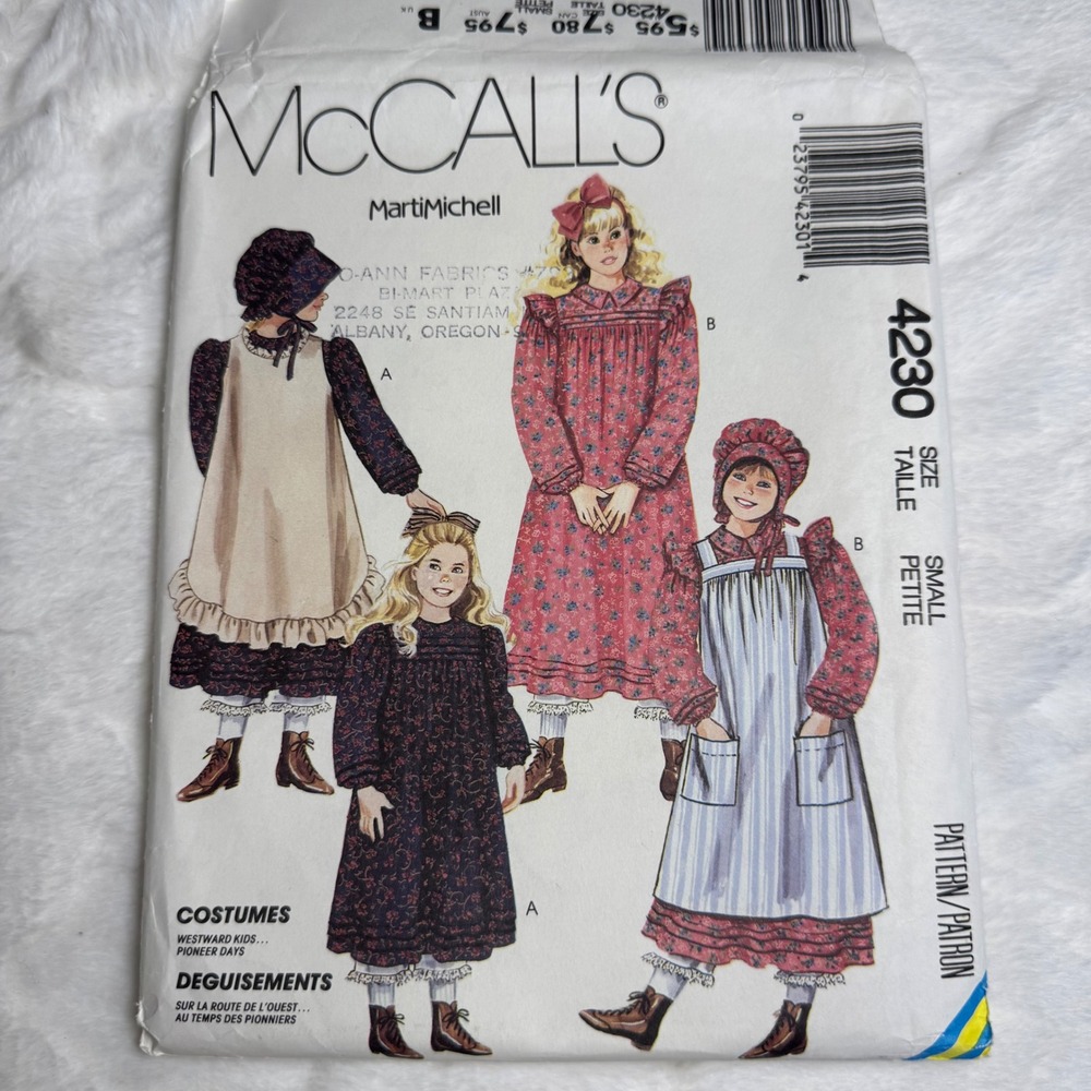 McCalls 4230 Girls Pioneer Costume Pattern Dress Apron Bonnet Size Small 7